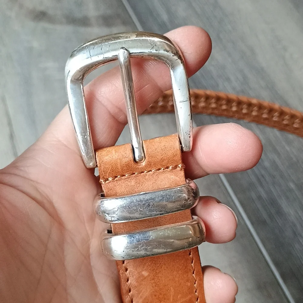 Fossil Tan Braided Leather Belt with Silver Buckle